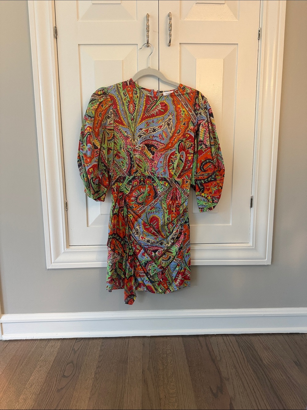 RHODE Multi Paisley Puff-Sleeve Mini Dress in Orange and Green